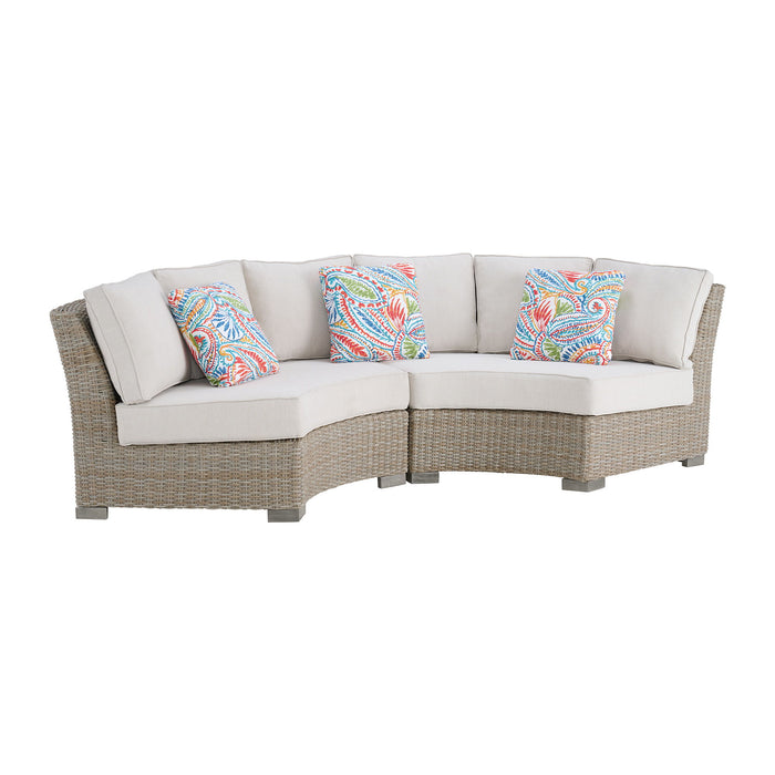 Ollie - Curved Loveseat With 3 Multi Color Pillows - Tan And Olefin White Cream