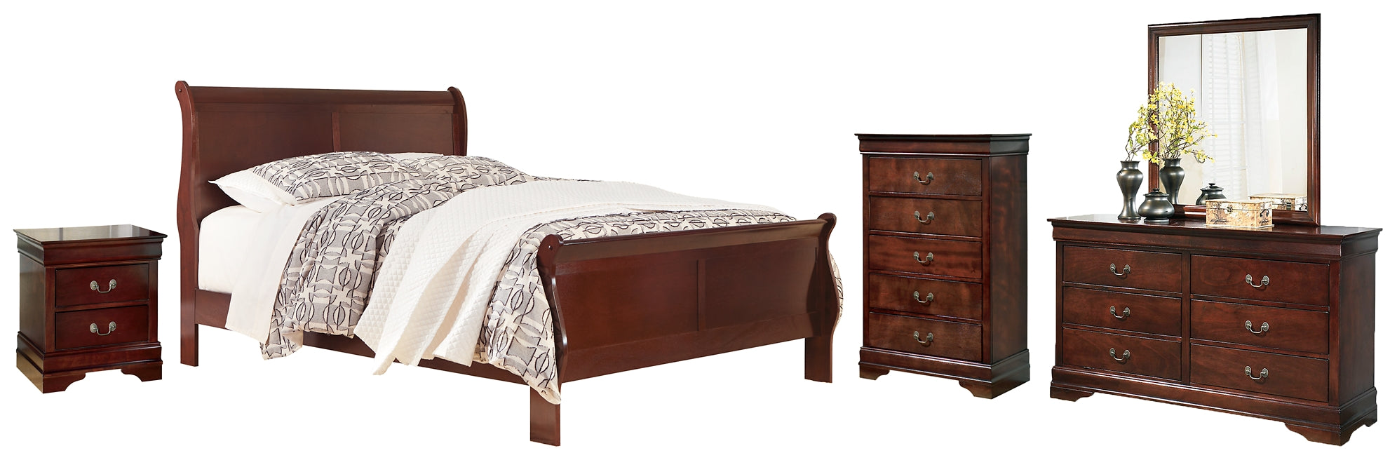 Alisdair  Sleigh Bed With Mirrored Dresser, Chest And Nightstand