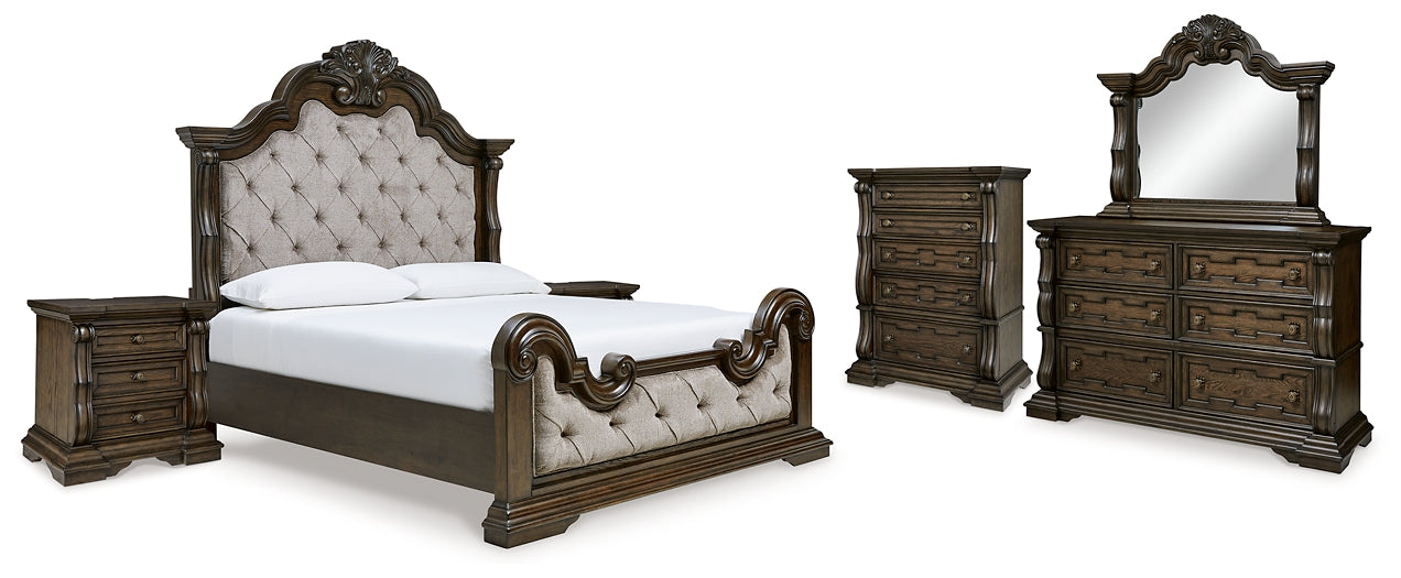 Maylee California King Upholstered Bed with Mirrored Dresser, Chest and 2 Nightstands