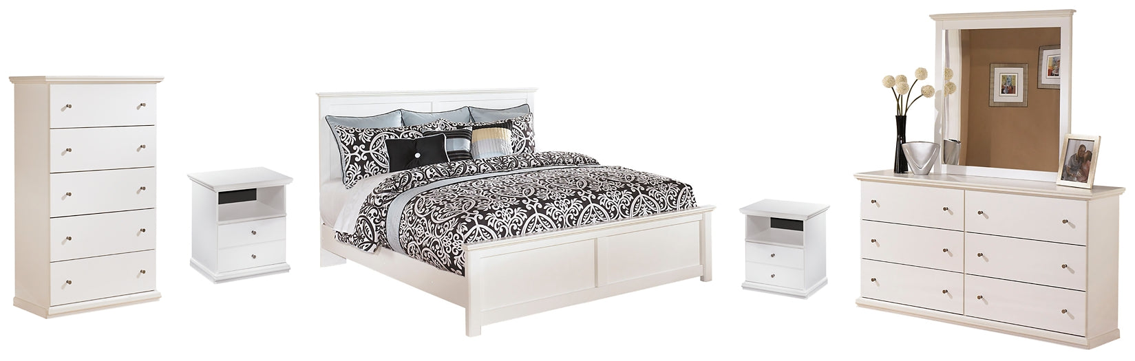 Bostwick Shoals King Panel Bed with Mirrored Dresser, Chest and Nightstand