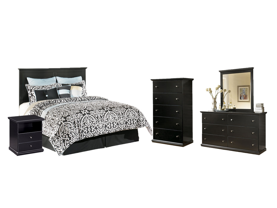 Maribel Queen/Full Panel Headboard with Mirrored Dresser, Chest and Nightstand