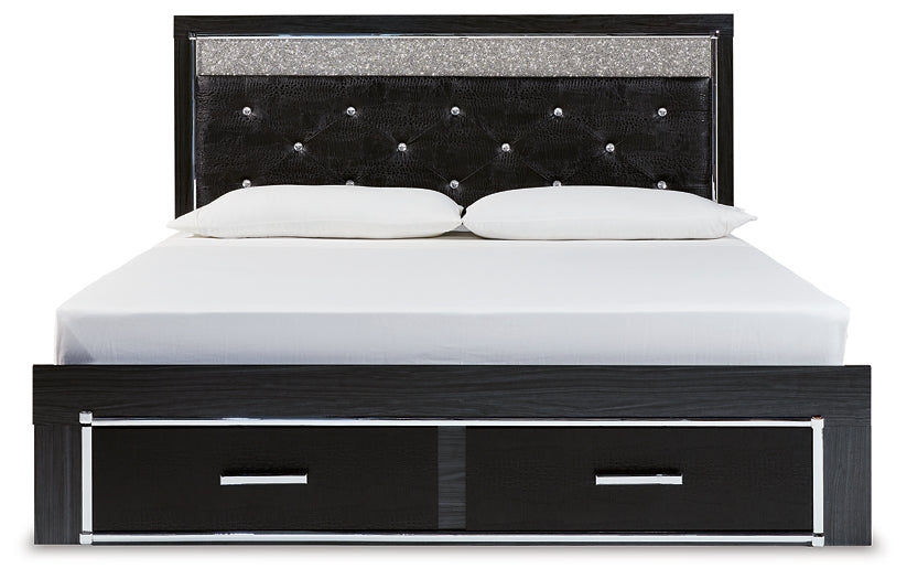 Kaydell King Upholstered Panel Storage Platform Bed with Mirrored Dresser