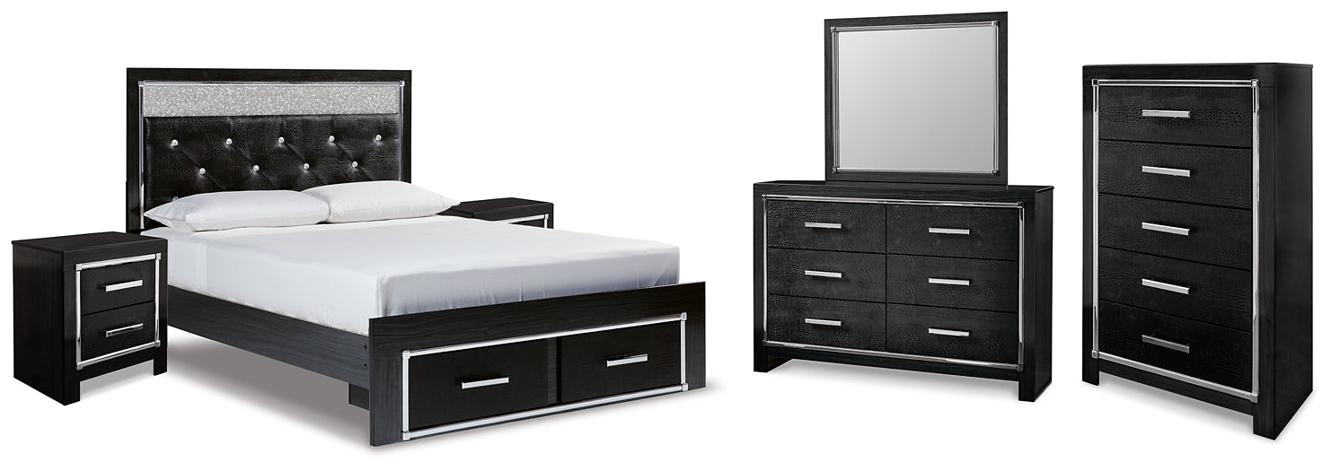 Kaydell Queen Upholstered Panel Storage Bed with Mirrored Dresser, Chest and 2 Nightstands