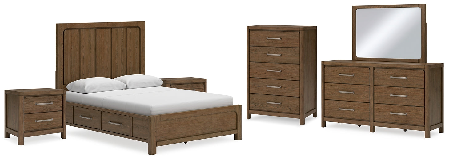 Cabalynn Queen Panel Bed with Storage with Mirrored Dresser, Chest and 2 Nightstands